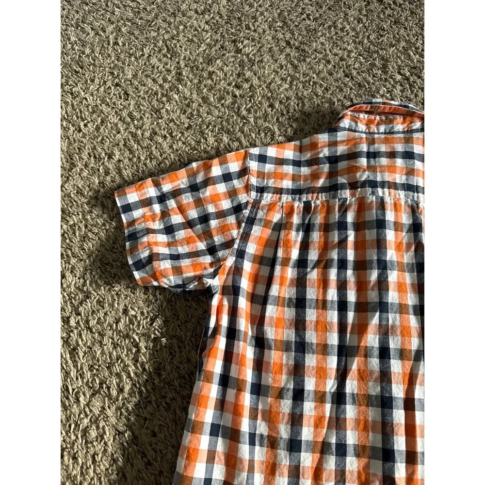 Place Boys White Orange Navy Blue Plaid Short Sleeve Button Down Size 7/8